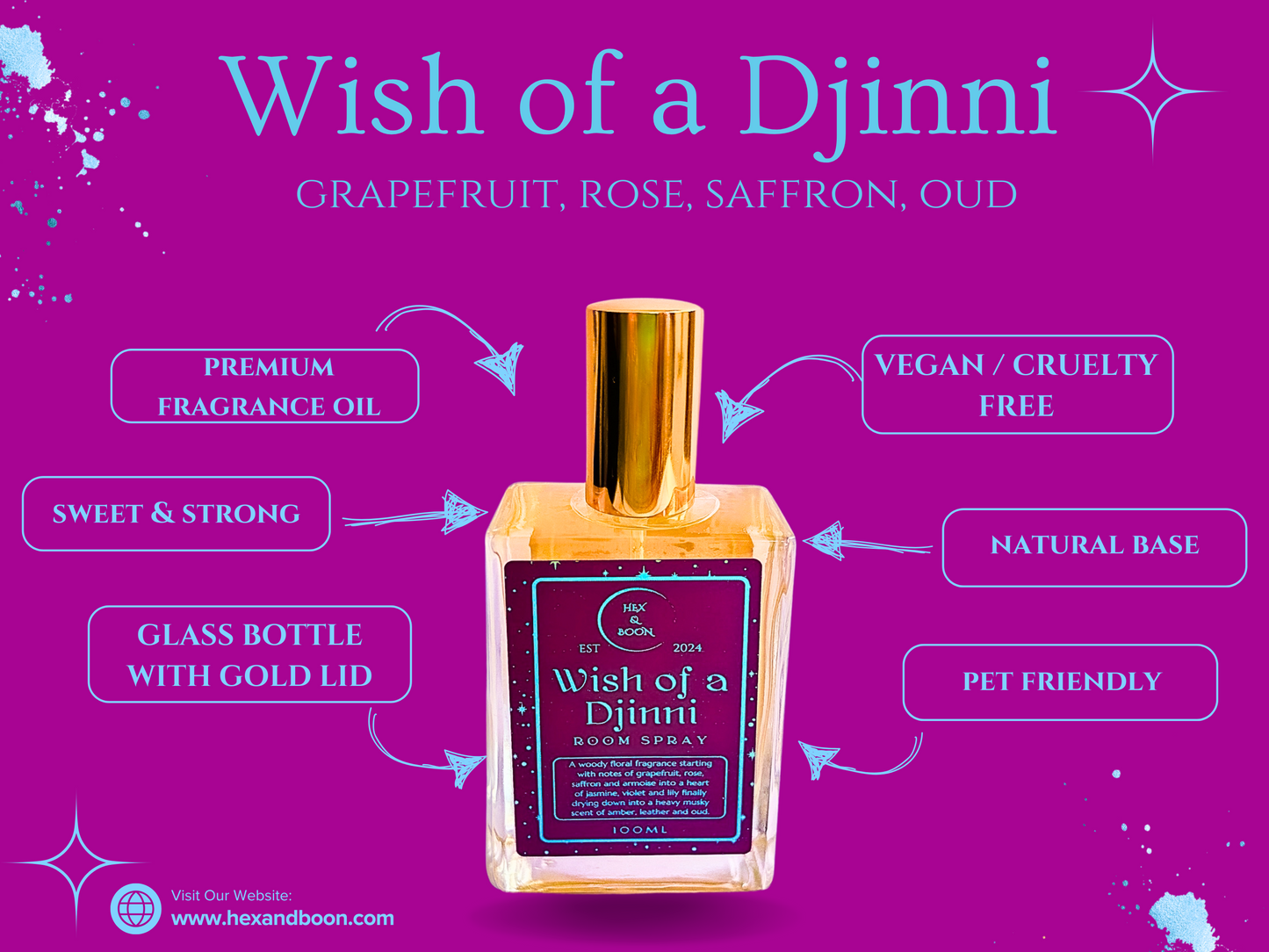 WISH OF A DJINNI (NEW) - Grapefruit, Rose, Saffron, Oud Room Spray Hex & Boon